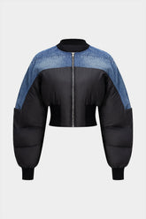 "Demin Patchwork Zipper Puffer"