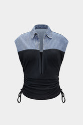 "Denim Drawstring Patchwork Crop Top"