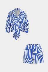 "Abstract Print Lapel Long Sleeve Shirt And Shorts Set"