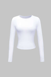 "Basic Solid Round Neck Long Sleeve Top"