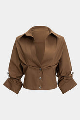 "Button Ruched Short-Sleeve Shirt"
