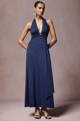 "Deep V-Neck Halter Tie Back Ruched Sleeveless Maxi Dress"
