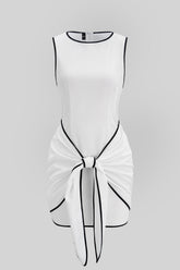 "Contrast Binding Round Neck Tie Front Sleeveless Mini Dress"