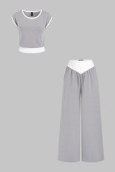 "Contrast Round Neck Short Sleeve T-Shirt And Ruched Wide Leg Pants"