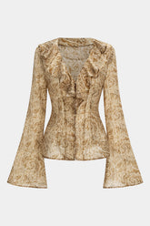 "Abstract Print Ruffle Neck Long-Sleeve Shirt"