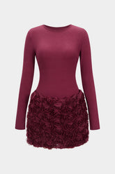 "3D Flower Patchwork Long Sleeve Mini Dress"