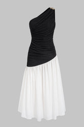 "Contrast One Shoulder Metallic Ruched Sleeveless Maxi Dress"