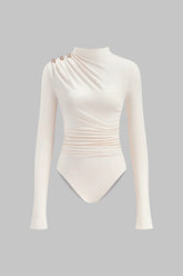 "Asymmetrical Button Ruched Long Sleeve Bodysuit"