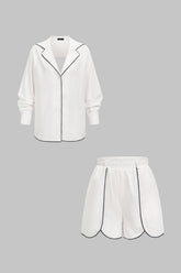 "Contrast Binding Notched Lapel Long Sleeve Top And Shorts Set"