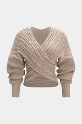 "Cable Knit Crossed V-Neck Long-Sleeve Top"