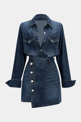 "Denim Button Long-Sleeve Top And High Waist Mini Skirt Set"