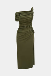 "Asymmetrical Shoulder Ruched Twist Knot Sleeveless Maxi Dress"