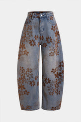 "Denim Floral Print High-Waist Pocket Jeans"