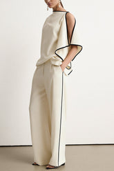 "Contrast Binding Asymmetrical Tank Top And Straight Leg Pants"