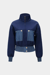 "Contrast Print Denim Patchwork Smocked Zipper Jacket"