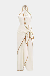 "Contrast Binding Crossed Halter Asymmetrical Tie-Up Backless Sleeveless Midi Dress"