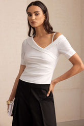 "Asymmetric Print Cut Out Asymmetrical Ruched Short-Sleeve Shirt"