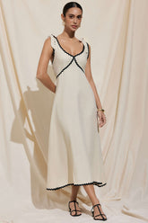 "Contrast Binding Tie-Up Backless Sleeveless Midi Dress"