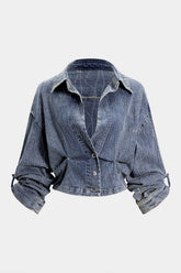 "Denim Button Smocked Ruched Outerwear"