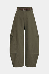 "Corduroy Belted Ruched High Waist Wide Leg Pants"