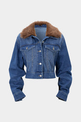 "Denim Faux Fur Patchwork Lapel Jacket"