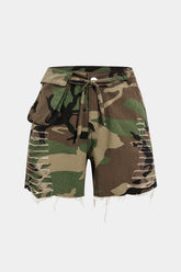 "Camo Destroyed Cargo Shorts"