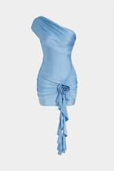 "3D Flower Decor Ruffle Ruched One Shoulder Asymmetrical Mini Dress"