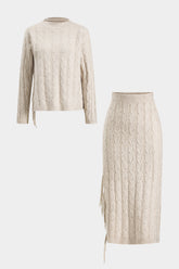 "Cable Knit Fringe Long-Sleeve Top And Skirt Set"