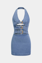 "Denim Halter V-Neck Cut Out Buckle Backless Sleeveless Dress"
