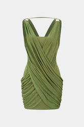 "Crossed V-Neck Ruched Metallic Decor Sleeveless Mini Dress"