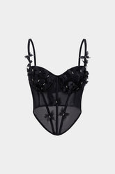 "3D Flower Appliques Sheer Mesh Corset Backless Cami Top"