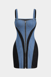 "Contrast Denim Patchwork Zipper Bustier Dress"