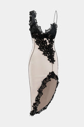 "Asymmetric Lace Panel Midi Dress"