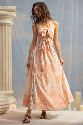 "Bohemian Print Lace Patchwork Knotted Cut Out Strapless Midi Dress"