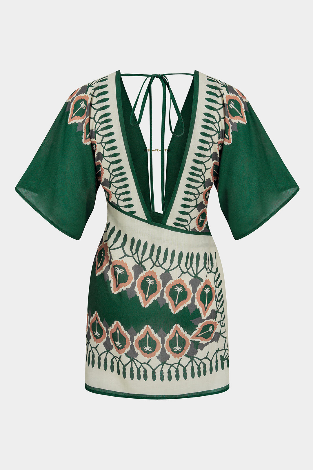 "Artistic Print Linen Deep V-Neck Short Sleeve Mini Dress"