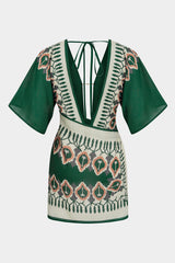 "Artistic Print Linen Deep V-Neck Short Sleeve Mini Dress"