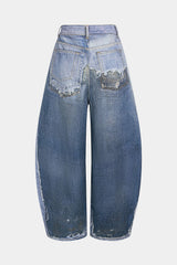 "Contrast Denim Print Pocket Barrel Pants"