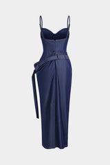 "Denim Asymmetrical Ruched Bustier Belted Zipper Maxi Dress"