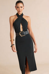 "Crossed Halter Neck Belted Cut Out Sleeveless Midi Dress"