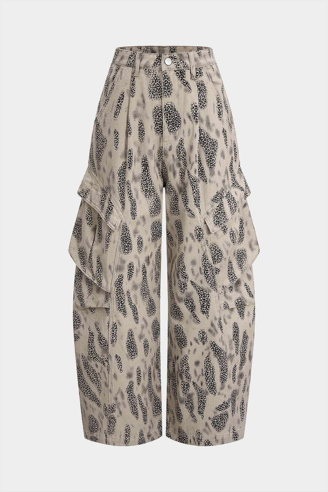 "Denim Leopard Print Pleated Zipper Wide Leg Jeans"
