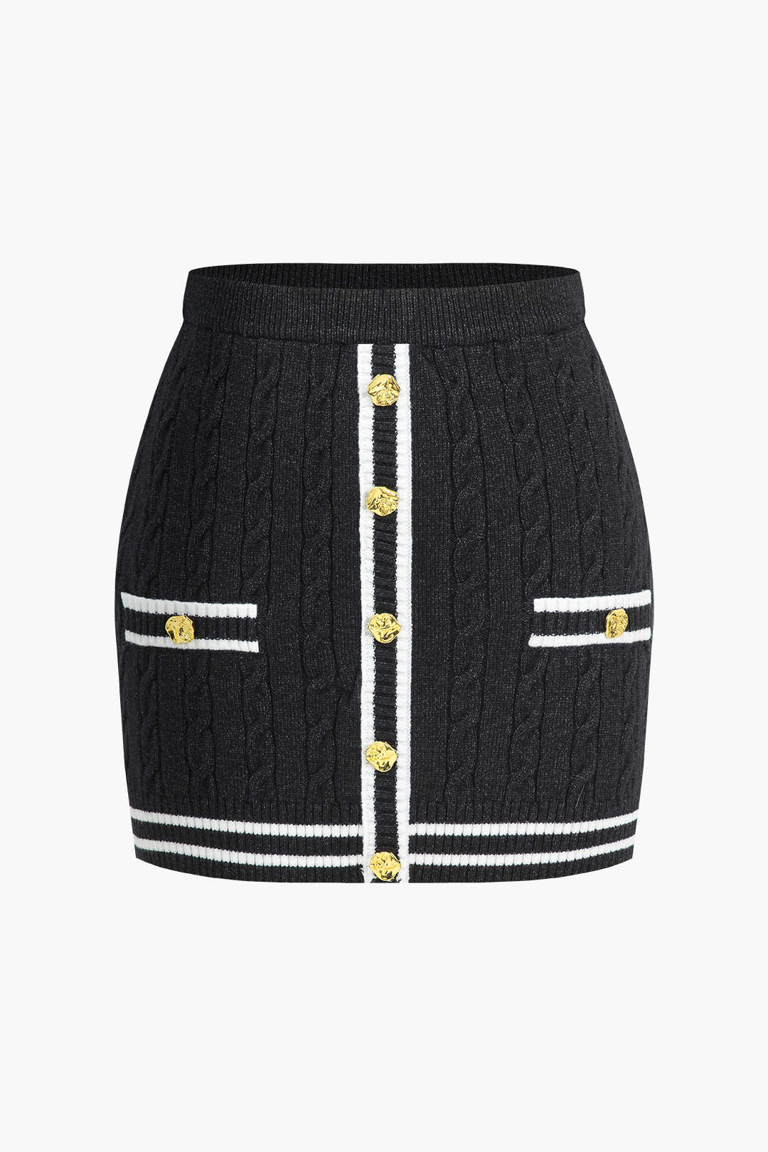"Color Block Print Knit Button Skirt"
