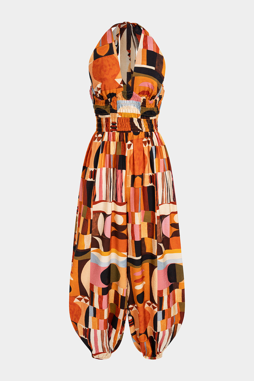 "Colorblock Print Halter V-Neck Tie-Up Smocked Balloon Jumpsuit"