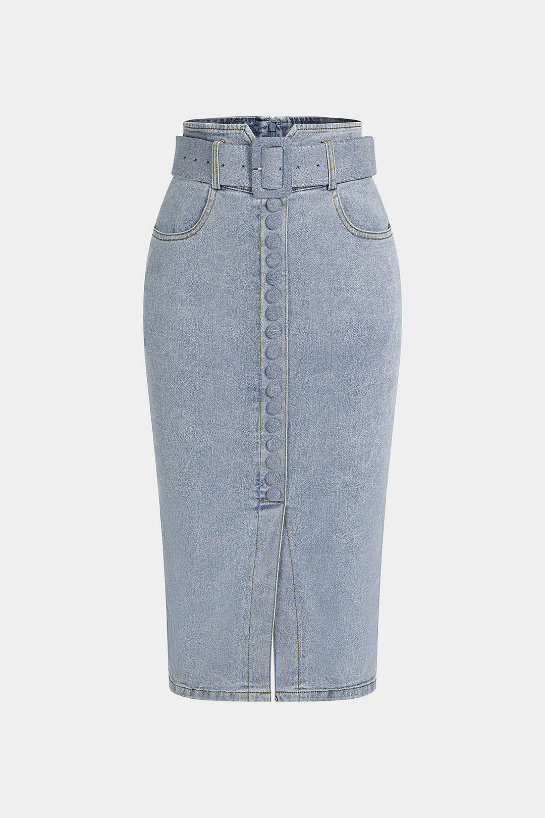 "Denim Belted Button High Waist Skirt"