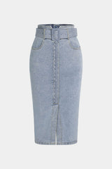 "Denim Belted Button High Waist Skirt"