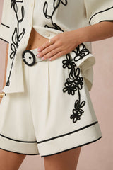 "Contrast Flower Applique Short Sleeve Shirt And Belted Shorts Set"