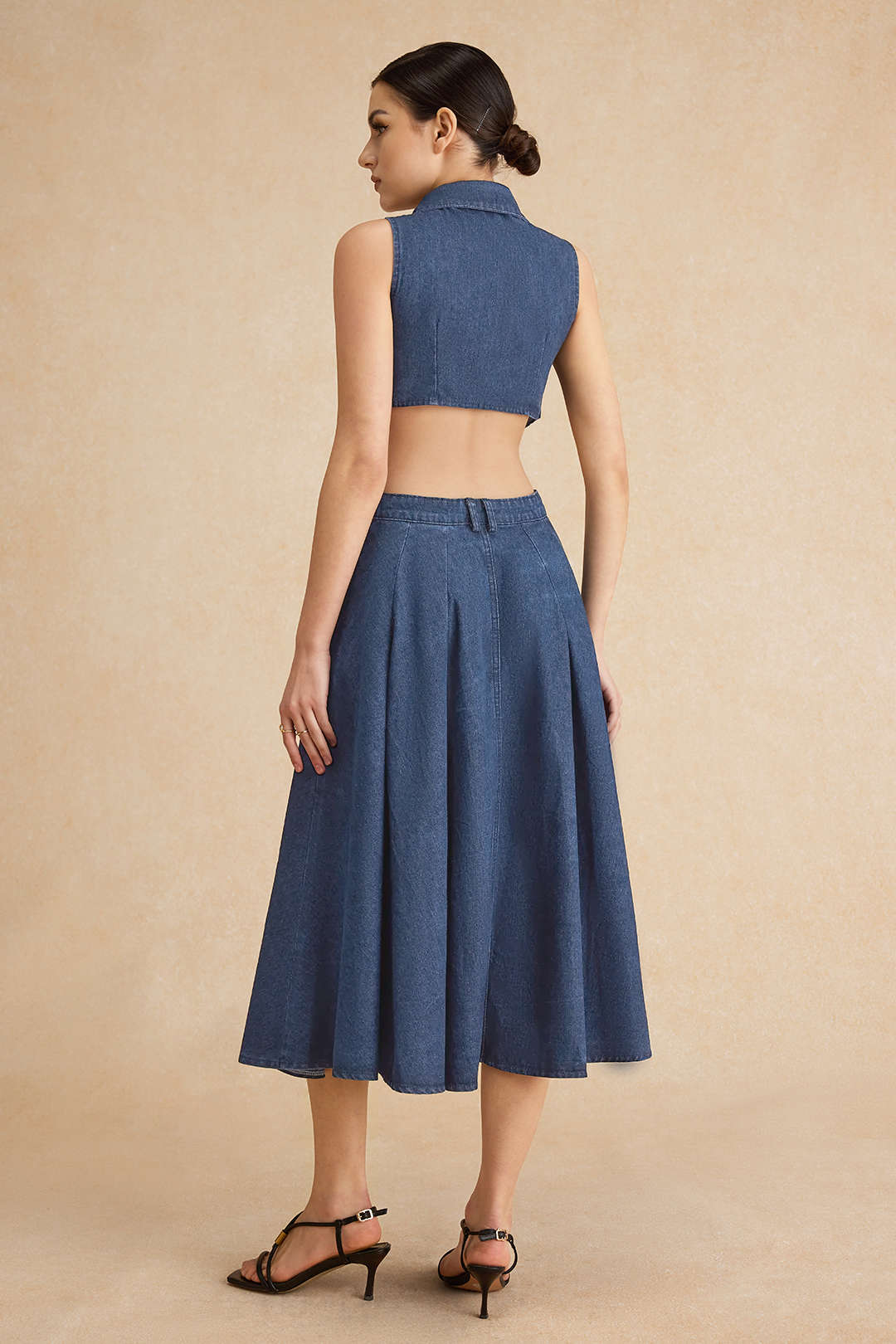 "Denim Button Cut Out Midi Dress"