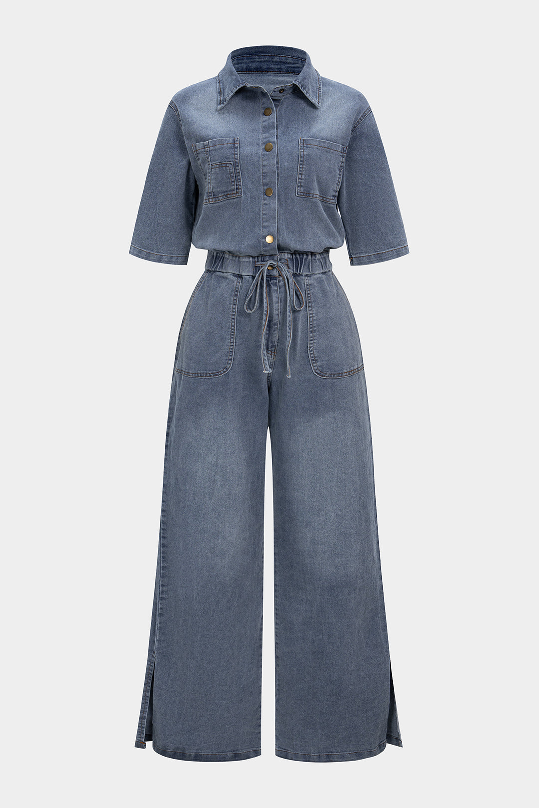 "Denim Button Drawstring Pocket Short-Sleeve Jumpsuit"