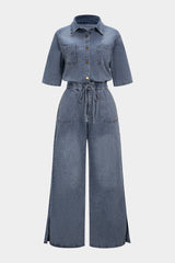 "Denim Button Drawstring Pocket Short-Sleeve Jumpsuit"