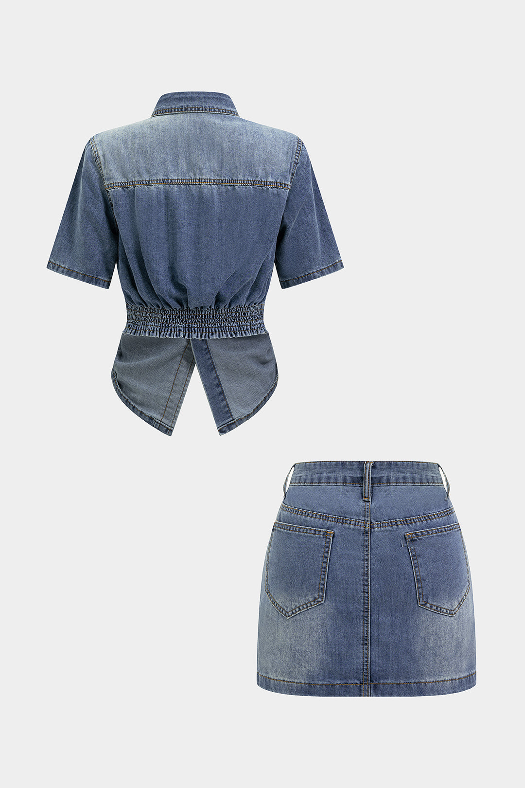 "Denim Button Pocket Short Sleeve Shirt And Skirt Set"