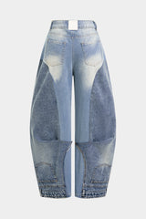 "Denim Contrast Ruched Barrel Jeans"